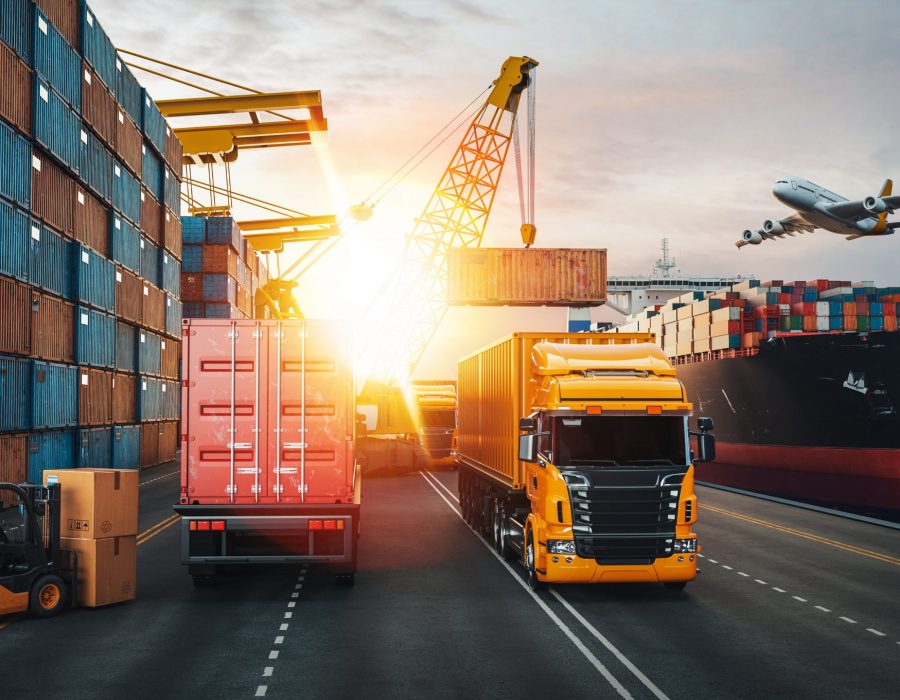 Transportation and logistics of Container Cargo ship and Cargo plane. 3d rendering and illustration.